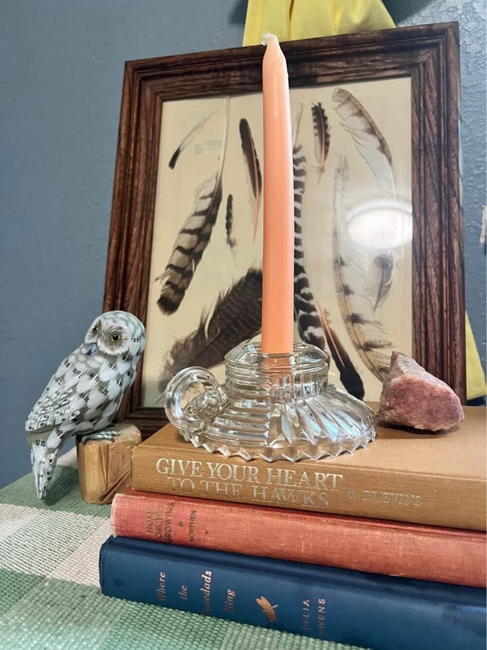Vintage Anchor Hocking Faceted Glass Candle holder with round finger handle.
